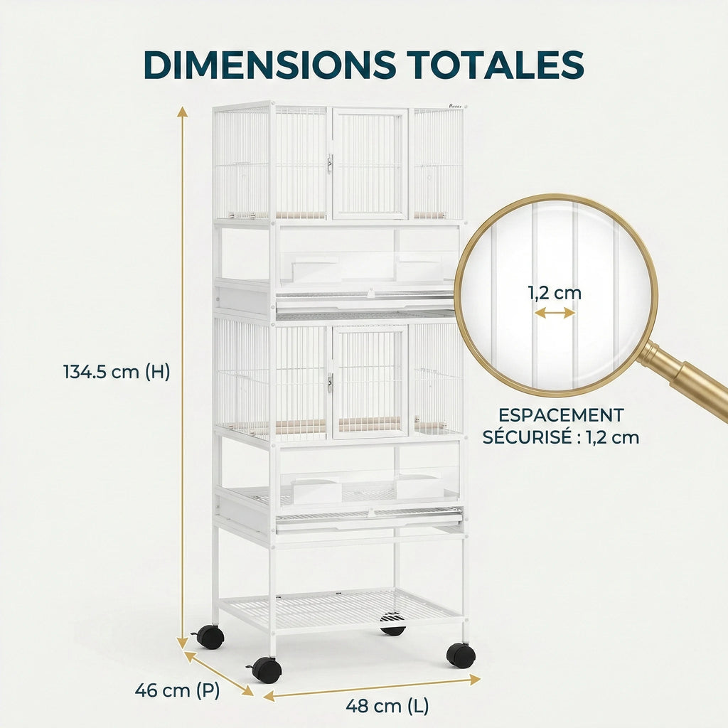 Cage Oiseaux Avec Séparation Et Espace De Rangement Sur Roulettes 48X46X134.5 cm