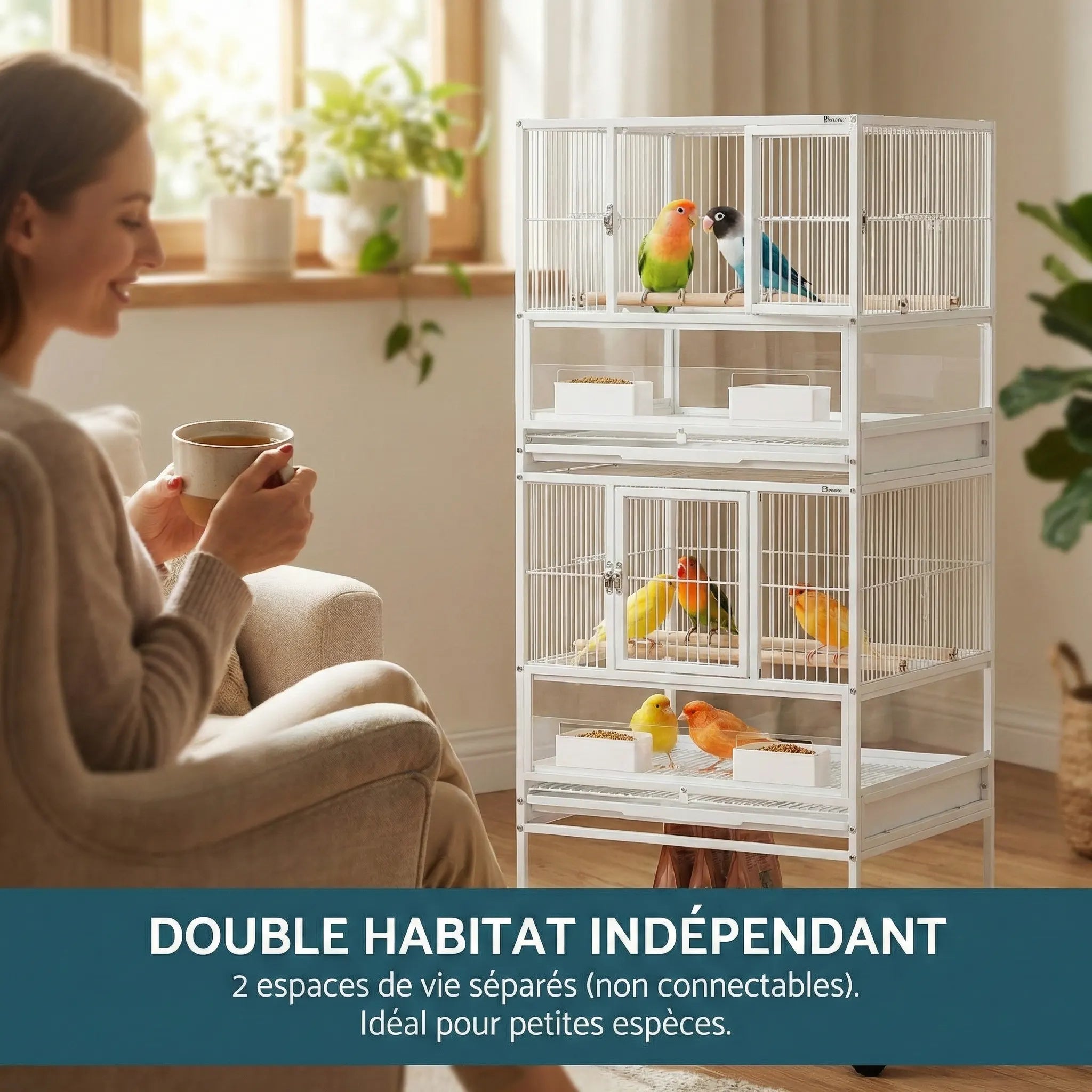 Cage Oiseaux Avec Séparation Et Espace De Rangement Sur Roulettes 48X46X134.5 cm