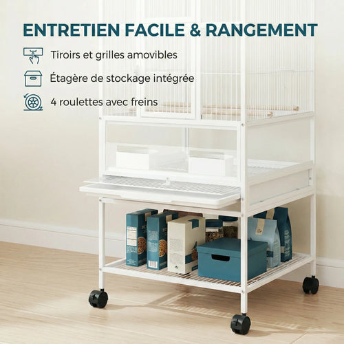 Cage Oiseaux Avec Séparation Et Espace De Rangement Sur Roulettes 48X46X134.5 cm