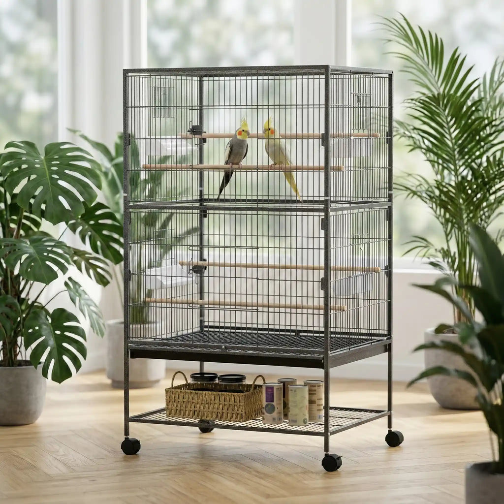 Cage pour perruche calopsitte grise sur roulettes avec deux oiseaux sur perchoirs et étagère de rangement inférieure