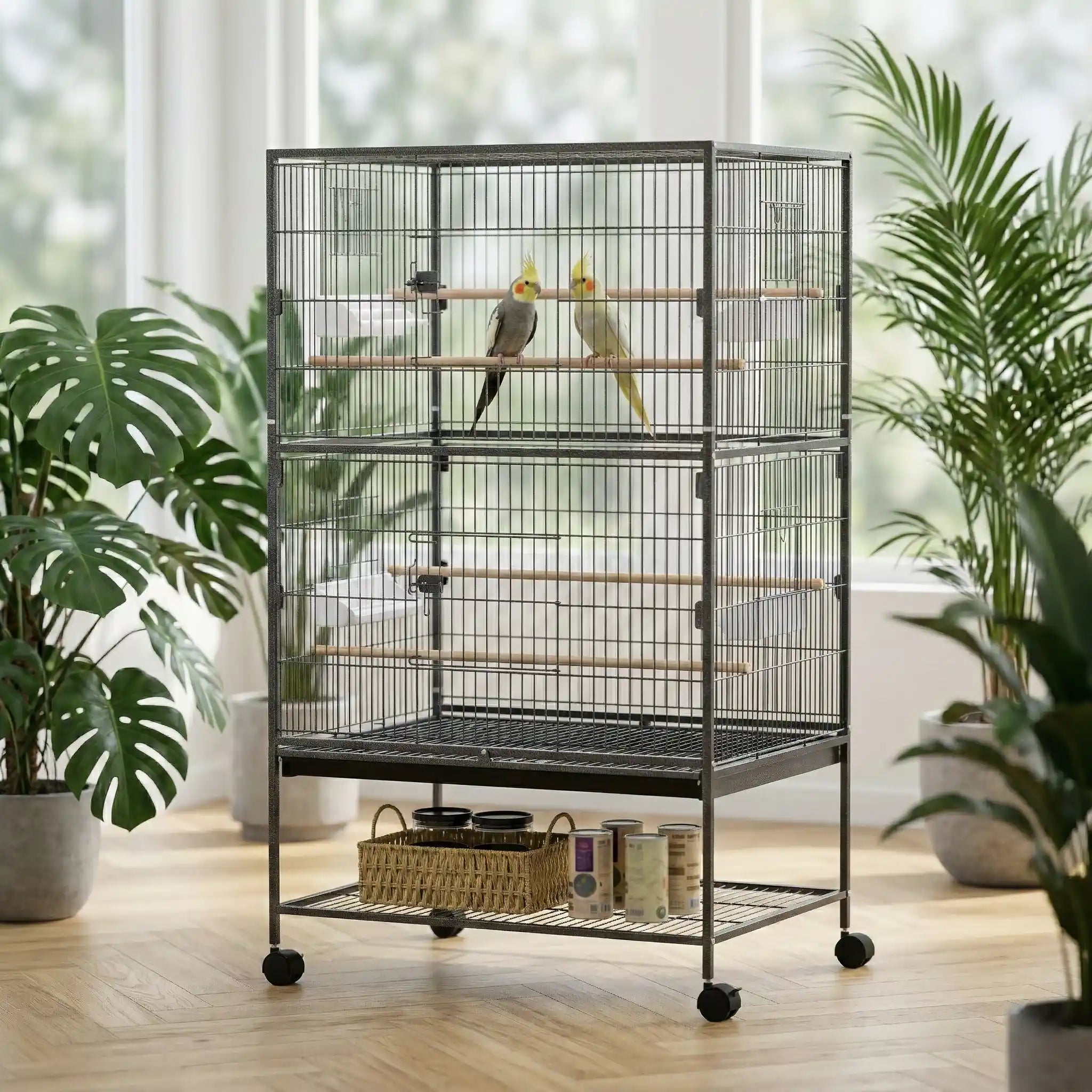Cage pour perruche calopsitte grise sur roulettes avec deux oiseaux sur perchoirs et étagère de rangement inférieure