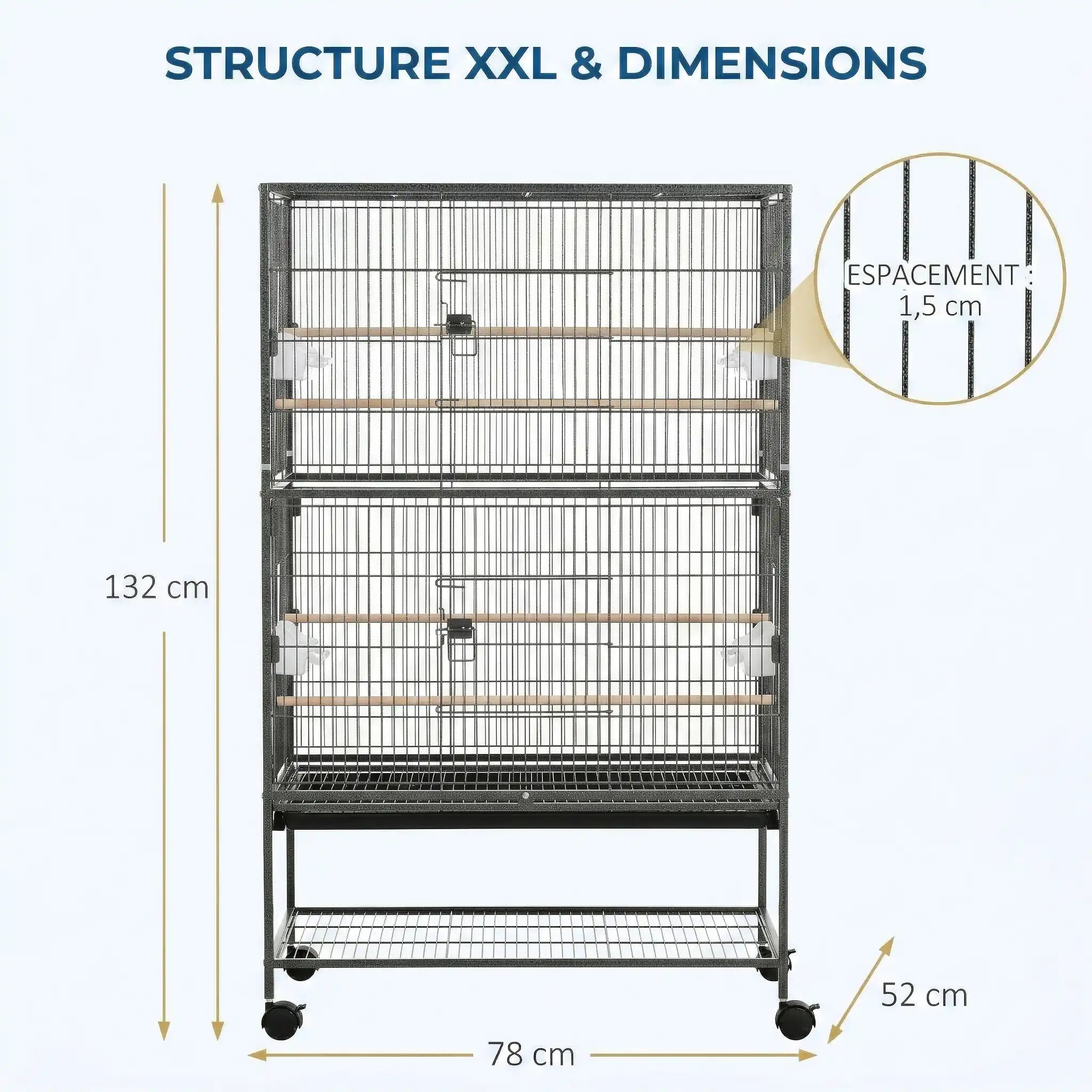 Cage Pour Perruche Calopsitte Sur Roulettes Grise 78X52X132 cm