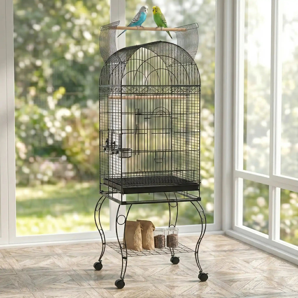 Grande cage oiseau ancienne noir sur roulettes au style vintage avec deux perruches sur le perchoir extérieur supérieur