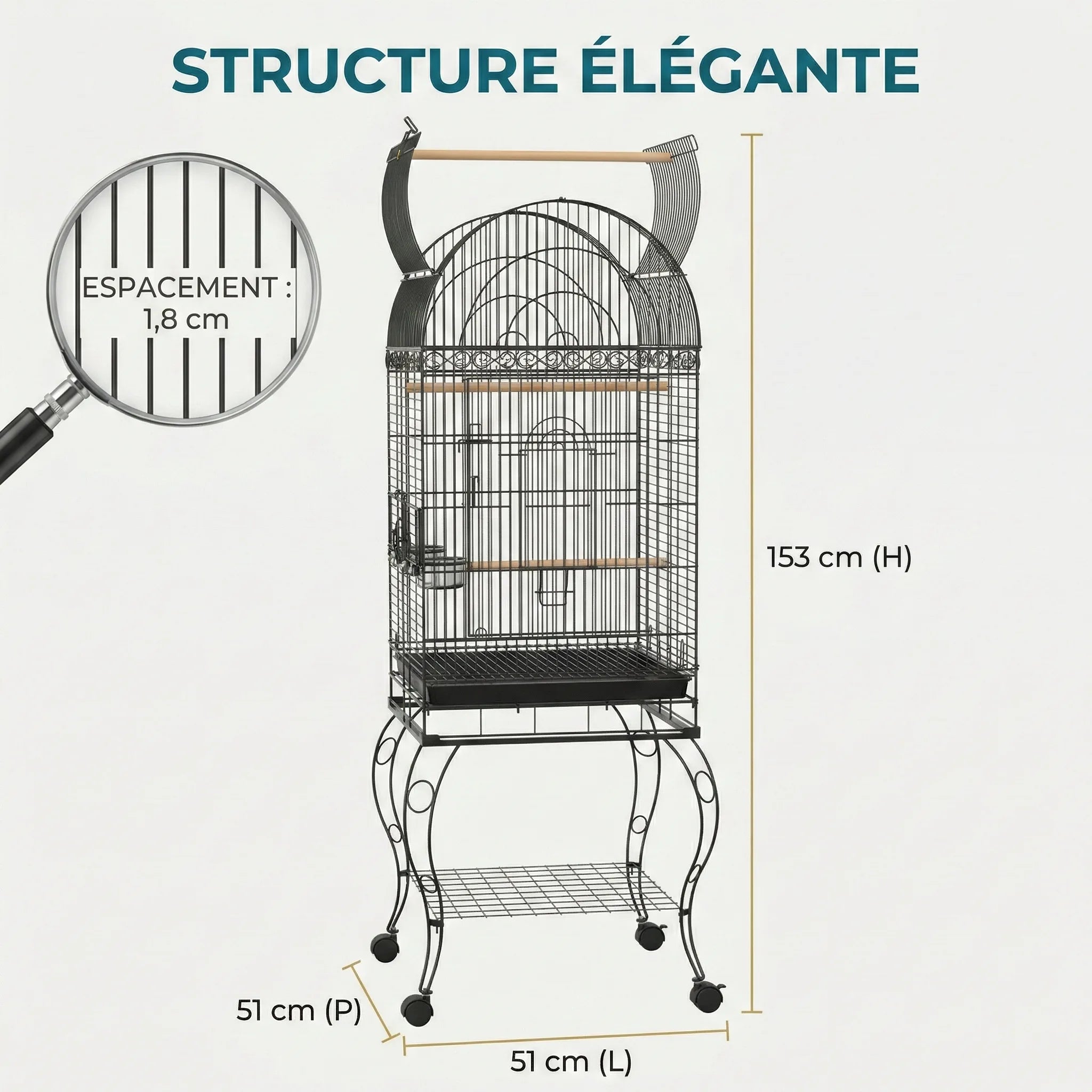 Grande Cage Oiseau Ancienne Noir Sur Roulettes 51X51X153 cm