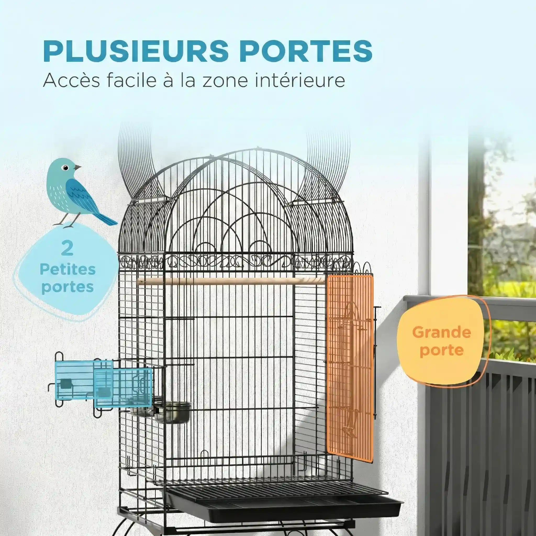 Grande Cage Oiseau Ancienne Noir Sur Roulettes 51X51X153 cm