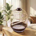 Petite cage oiseau ronde dorée avec base marron et mangeoires transparentes posée sur une table en bois