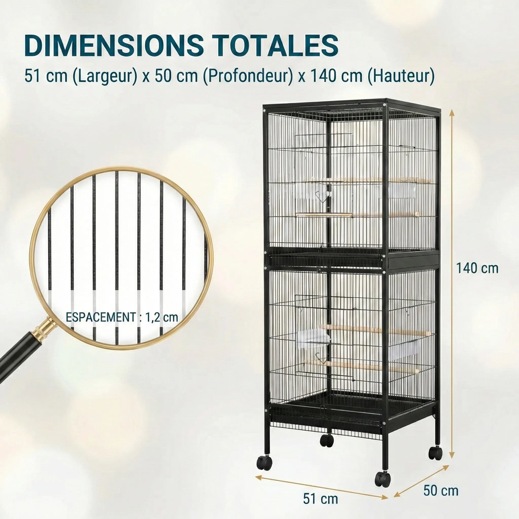 Volière Avec Séparation Intérieur Noir Sur Roulettes 51x50x140 cm