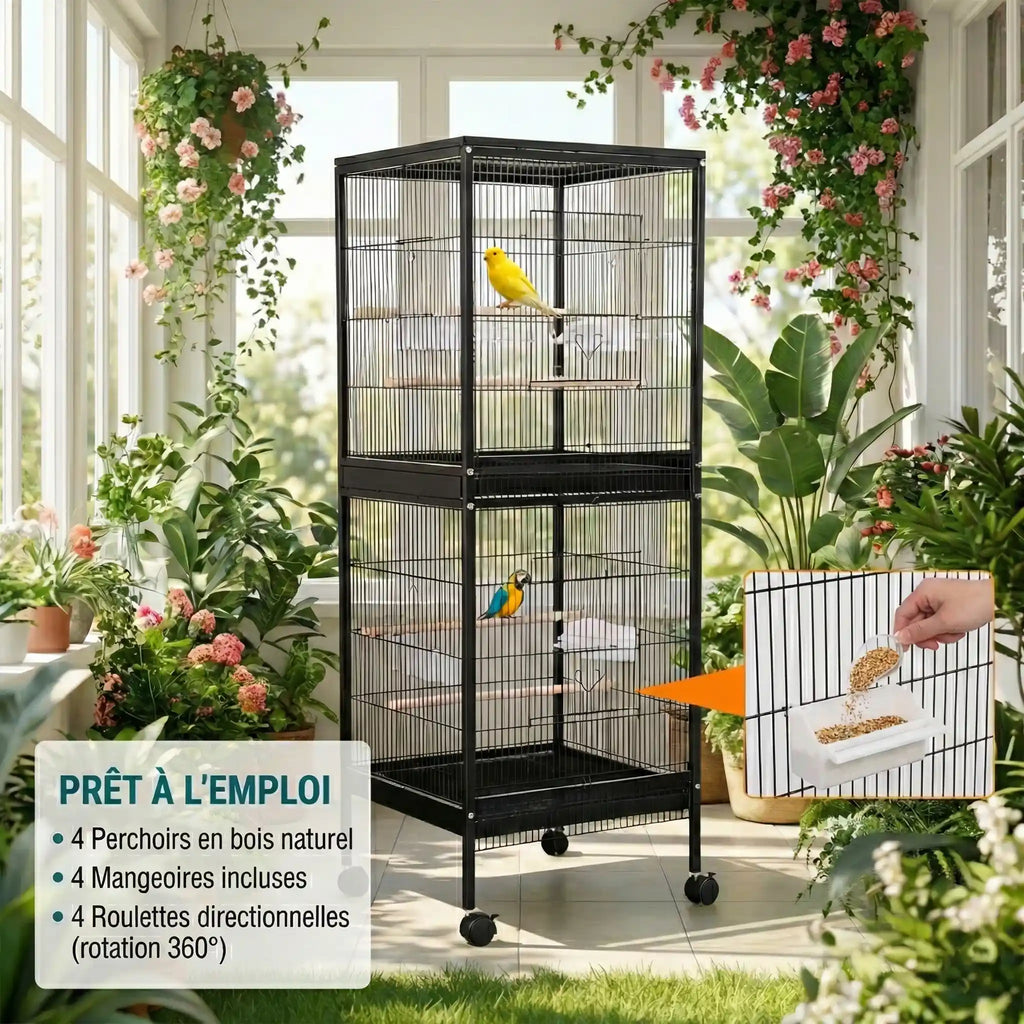 Volière Avec Séparation Intérieur Noir Sur Roulettes 51x50x140 cm