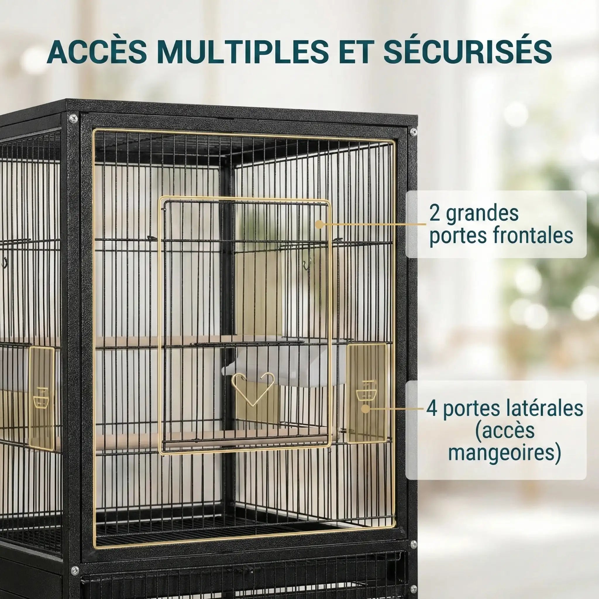 Volière Avec Séparation Intérieur Noir Sur Roulettes 51x50x140 cm